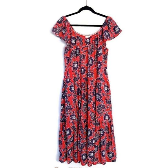 Knox Rose Midi Dress Cap Sleeve Red Blue Boho Floral Scoop Neck Summer M - Picture 1 of 10